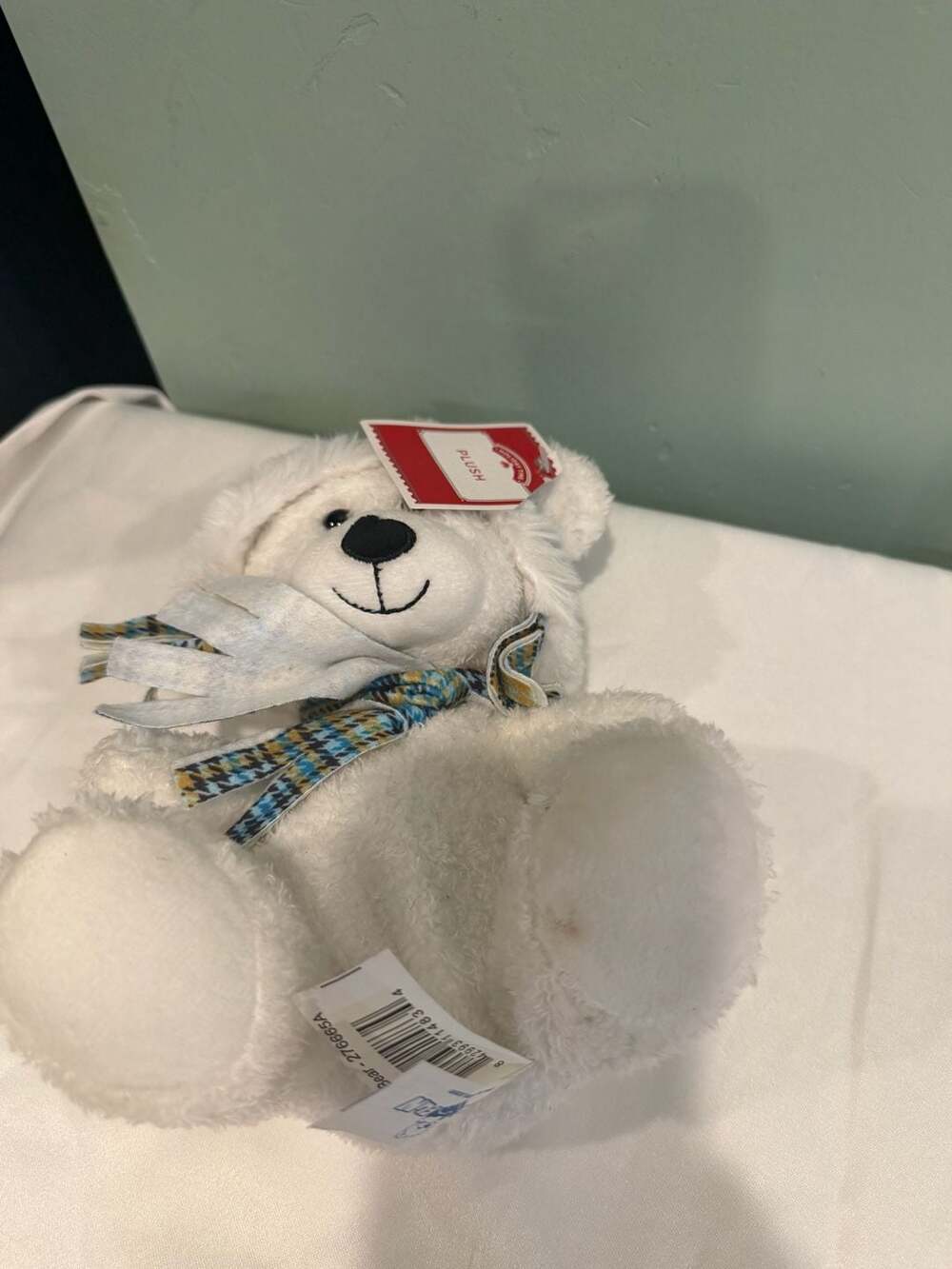 Hugfun Winter White Teddy Bear Plush with Blue Plaid Trapper Hat and Scarf - Picture 6 of 6